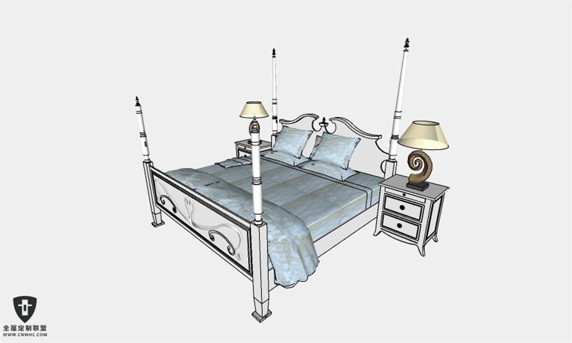 地中海风格双人床SketchUp模型库草图大师模型下载002